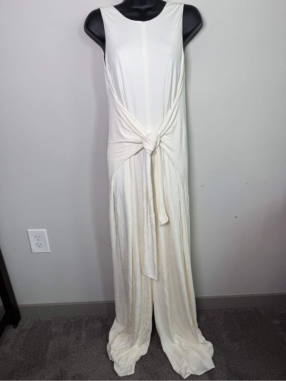 Halston Holden Matte Jersey Wide Leg Jumpsuit Tie Front Chalk White Resort Sz L
